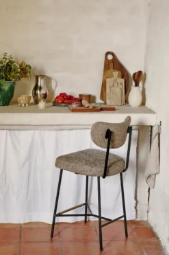 Tabouret de bar, Tweed taupe & métal noir, H65 Jasper
