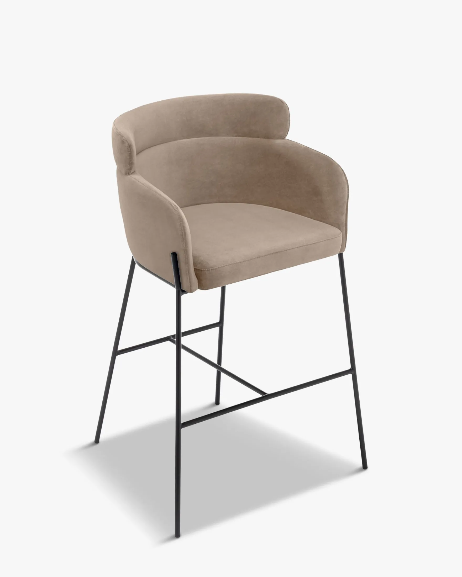 Tabouret de bar, Velours taupe & métal noir, H80 Baron