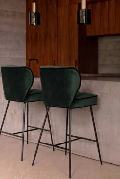 Tabouret de bar, Velours vert cèdre & métal noir, H65 Wayne