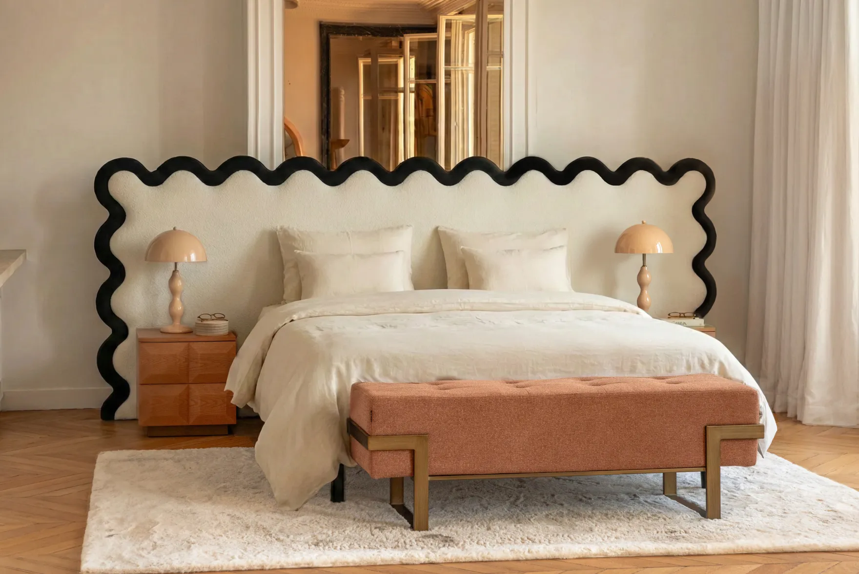 Tête de lit, Ecru peluche & velours noir, L280 Aria
